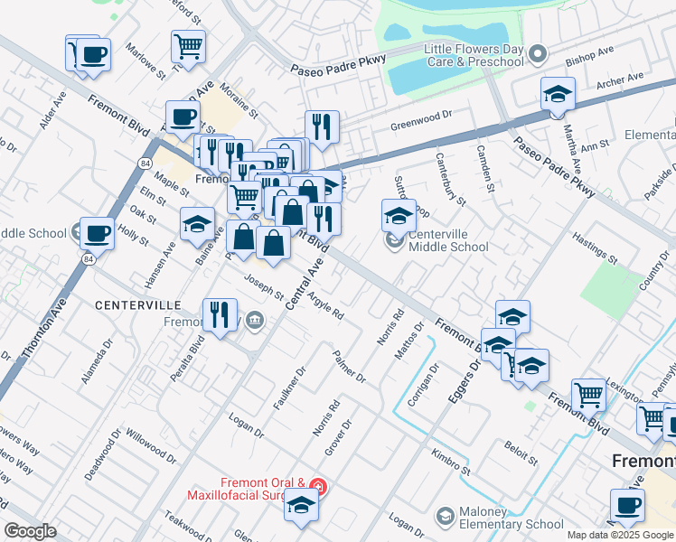 map of restaurants, bars, coffee shops, grocery stores, and more near 37675 Fremont Boulevard in Fremont