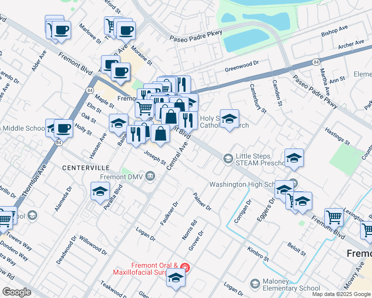map of restaurants, bars, coffee shops, grocery stores, and more near 4080 Central Avenue in Fremont
