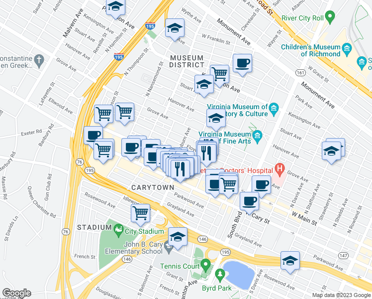 map of restaurants, bars, coffee shops, grocery stores, and more near 3151 Floyd Avenue in Richmond