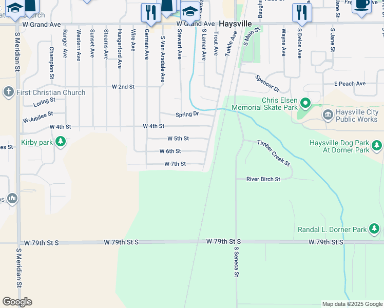 map of restaurants, bars, coffee shops, grocery stores, and more near 327 West 6th Street in Haysville