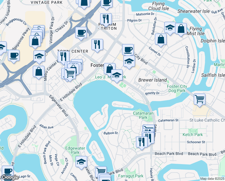 map of restaurants, bars, coffee shops, grocery stores, and more near 670 Shell Boulevard in Foster City
