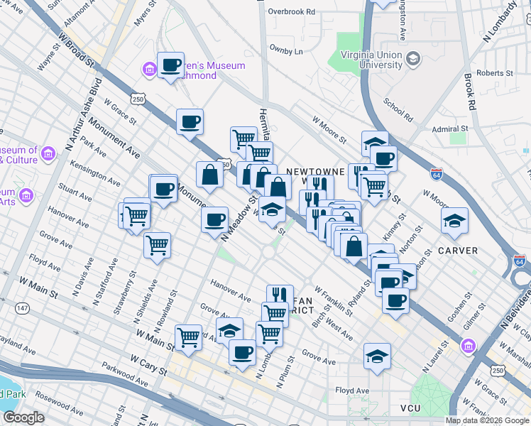 map of restaurants, bars, coffee shops, grocery stores, and more near 1818 West Grace Street in Richmond
