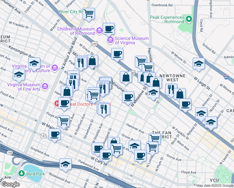 map of restaurants, bars, coffee shops, grocery stores, and more near 2042 Park Avenue in Richmond