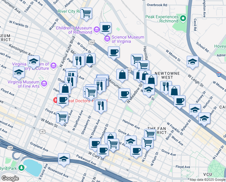 map of restaurants, bars, coffee shops, grocery stores, and more near 2208 Park Avenue in Richmond