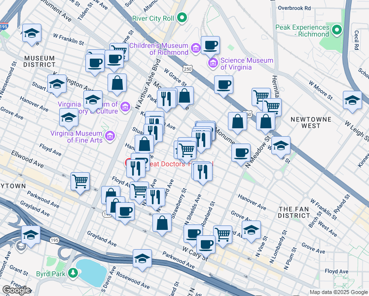 map of restaurants, bars, coffee shops, grocery stores, and more near 2417 Stuart Avenue in Richmond