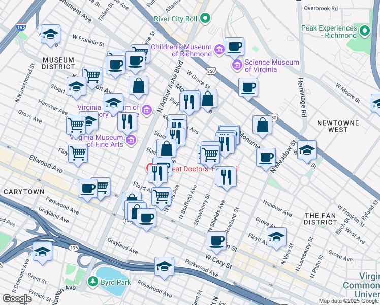 map of restaurants, bars, coffee shops, grocery stores, and more near 2512 Hanover Avenue in Richmond