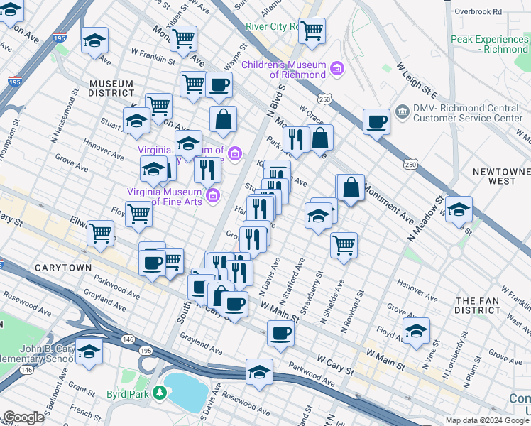map of restaurants, bars, coffee shops, grocery stores, and more near 2614 Hanover Avenue in Richmond