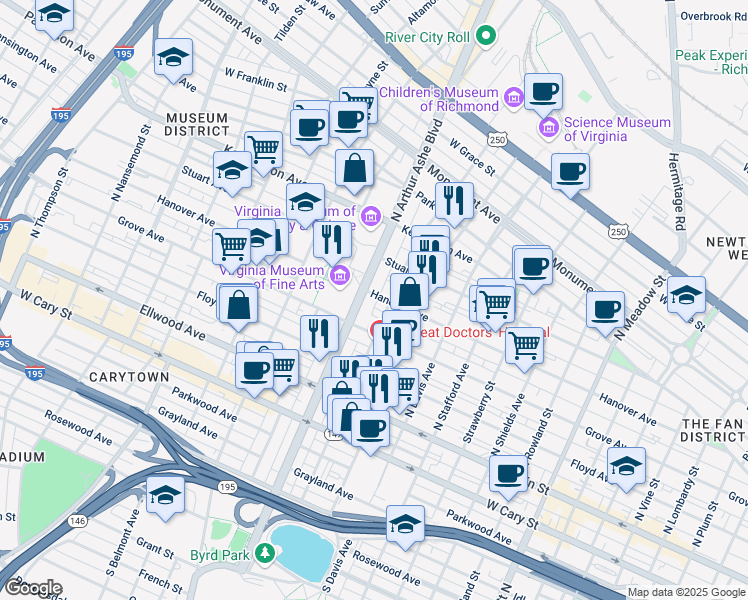 map of restaurants, bars, coffee shops, grocery stores, and more near 219 North Arthur Ashe Boulevard in Richmond