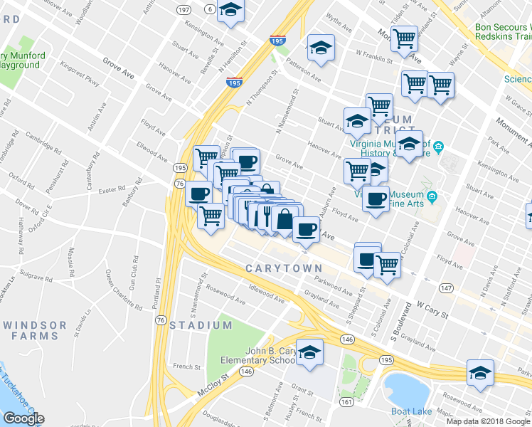 map of restaurants, bars, coffee shops, grocery stores, and more near 3410 West Cary Street in Richmond