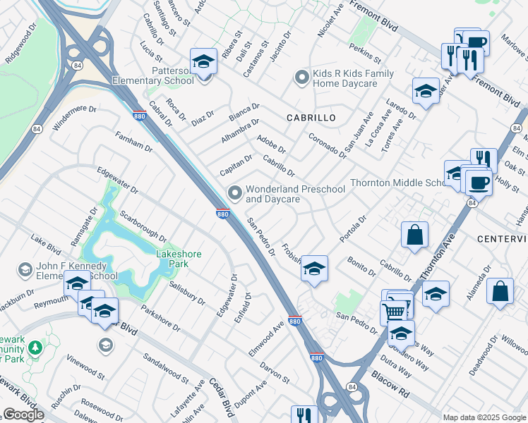 map of restaurants, bars, coffee shops, grocery stores, and more near 4745 Baffin Avenue in Fremont