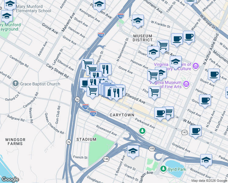 map of restaurants, bars, coffee shops, grocery stores, and more near 3410 West Cary Street in Richmond