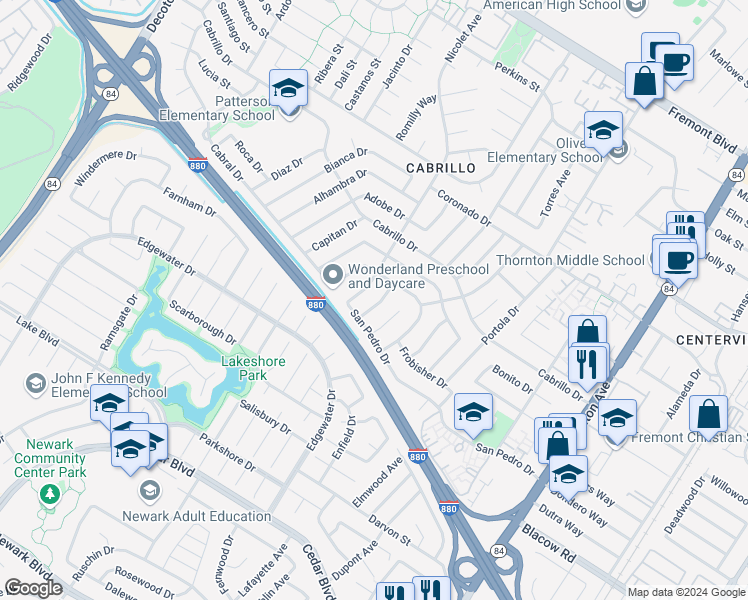 map of restaurants, bars, coffee shops, grocery stores, and more near 4745 Baffin Avenue in Fremont