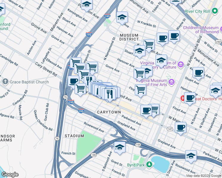 map of restaurants, bars, coffee shops, grocery stores, and more near 3308 Ellwood Avenue in Richmond