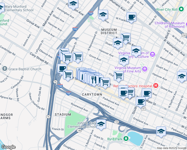 map of restaurants, bars, coffee shops, grocery stores, and more near 3310 Ellwood Avenue in Richmond