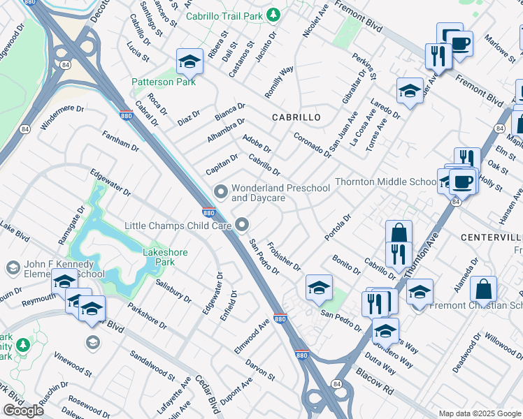 map of restaurants, bars, coffee shops, grocery stores, and more near 4733 La Mesa Court in Fremont