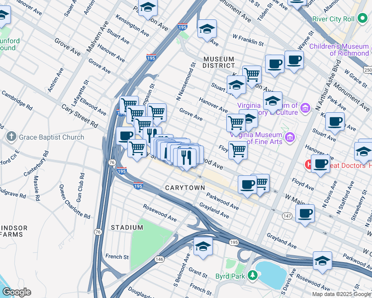 map of restaurants, bars, coffee shops, grocery stores, and more near 3314 Ellwood Avenue in Richmond