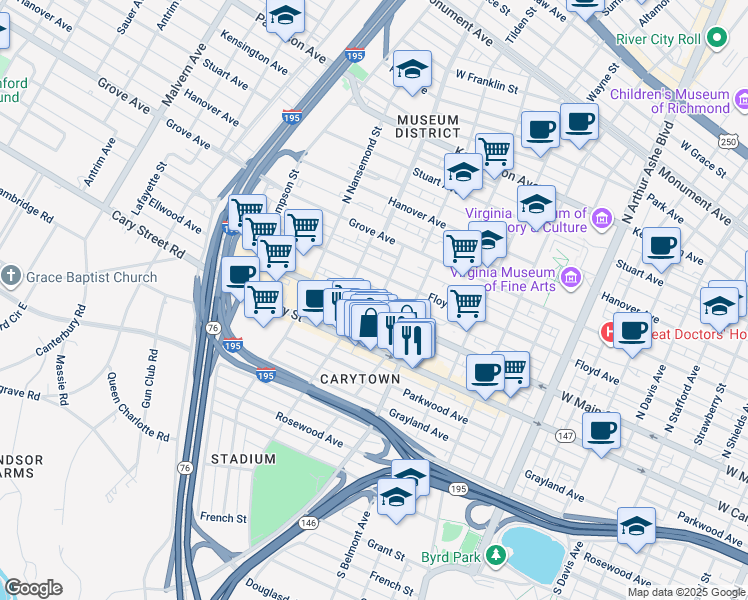 map of restaurants, bars, coffee shops, grocery stores, and more near 6 North Dooley Avenue in Richmond