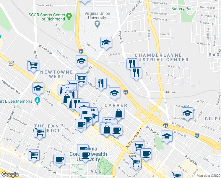 map of restaurants, bars, coffee shops, grocery stores, and more near 1205 West Moore Street in Richmond