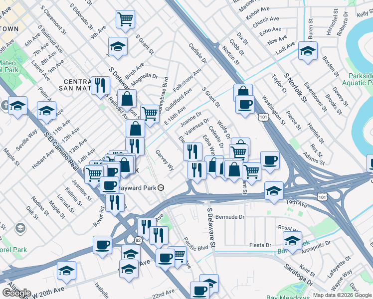 map of restaurants, bars, coffee shops, grocery stores, and more near 1664 Eleanor Drive in San Mateo