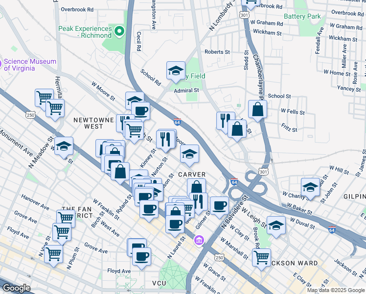 map of restaurants, bars, coffee shops, grocery stores, and more near 1205 West Moore Street in Richmond