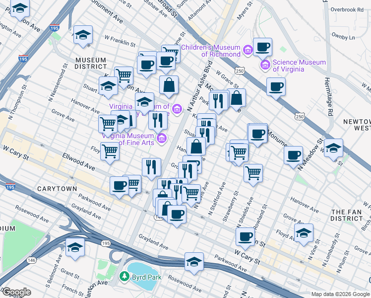 map of restaurants, bars, coffee shops, grocery stores, and more near 2614 Hanover Avenue in Richmond