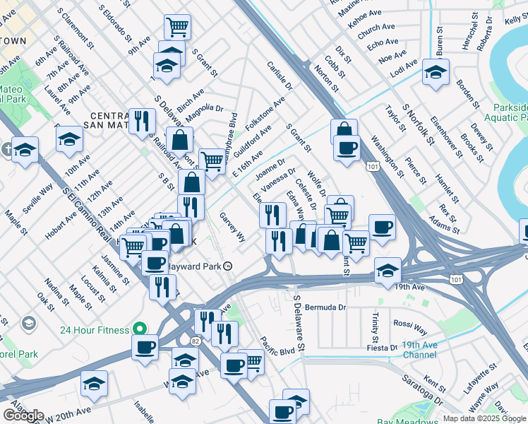 map of restaurants, bars, coffee shops, grocery stores, and more near 1664 Eleanor Drive in San Mateo