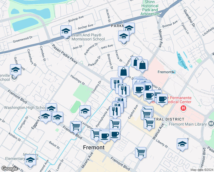 map of restaurants, bars, coffee shops, grocery stores, and more near 38675 Paseo Padre Parkway in Fremont