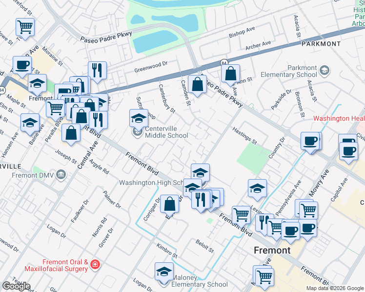 map of restaurants, bars, coffee shops, grocery stores, and more near 3716 Oxford Common in Fremont