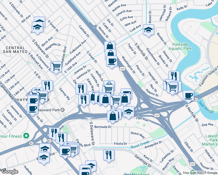 map of restaurants, bars, coffee shops, grocery stores, and more near 1762 South Grant Street in San Mateo