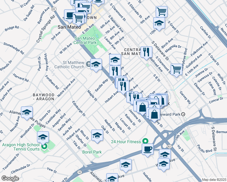 map of restaurants, bars, coffee shops, grocery stores, and more near 21 Hobart Avenue in San Mateo
