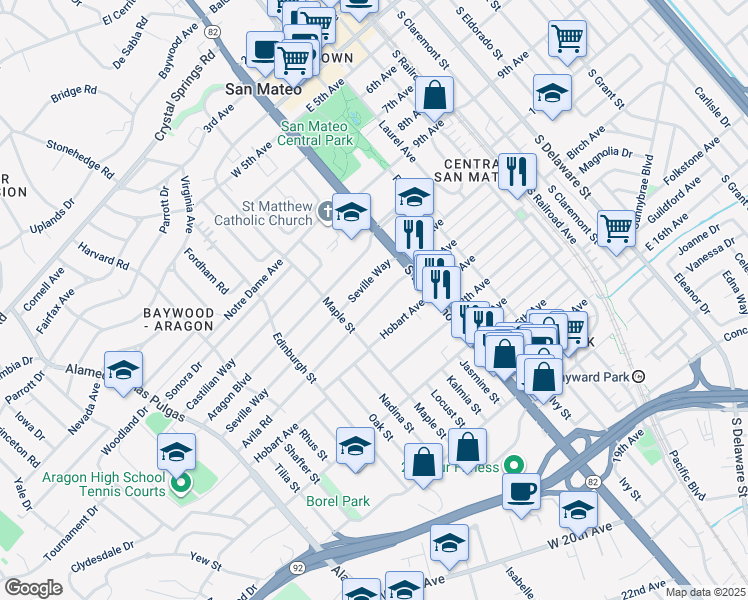 map of restaurants, bars, coffee shops, grocery stores, and more near 105 Avila Road in San Mateo