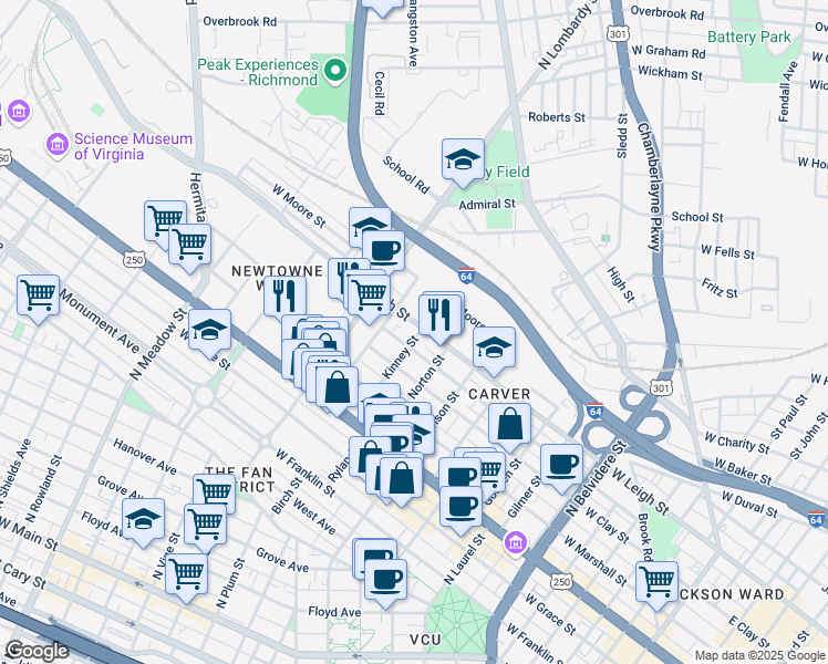 map of restaurants, bars, coffee shops, grocery stores, and more near 1409 Catherine Street in Richmond