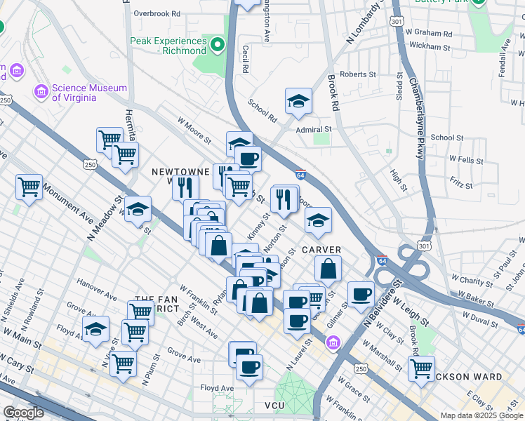 map of restaurants, bars, coffee shops, grocery stores, and more near 1409 Catherine Street in Richmond