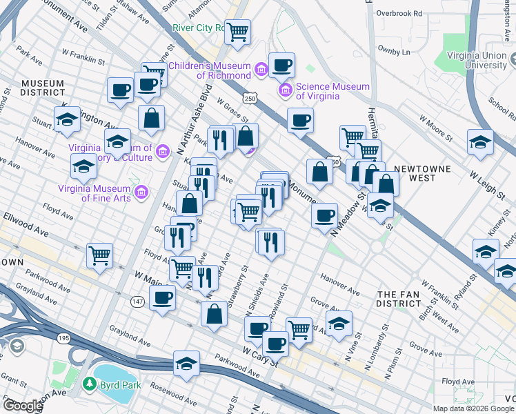 map of restaurants, bars, coffee shops, grocery stores, and more near 2312 Stuart Avenue in Richmond