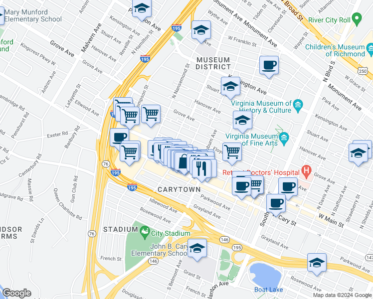 map of restaurants, bars, coffee shops, grocery stores, and more near 3210 Ellwood Avenue in Richmond