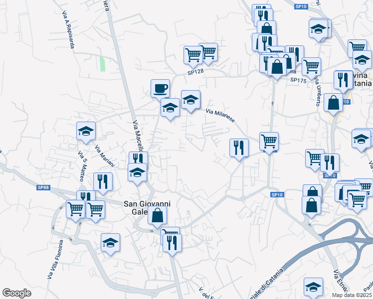 map of restaurants, bars, coffee shops, grocery stores, and more near 31 Via Galassia in Catania