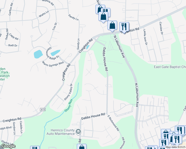 map of restaurants, bars, coffee shops, grocery stores, and more near 3000 Hunters Trce in Richmond
