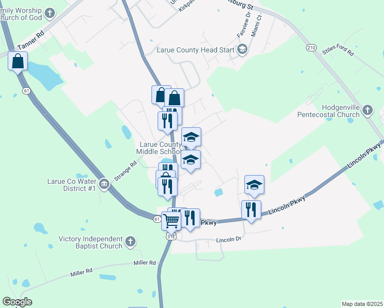 map of restaurants, bars, coffee shops, grocery stores, and more near 911 South Lincoln Boulevard in Hodgenville