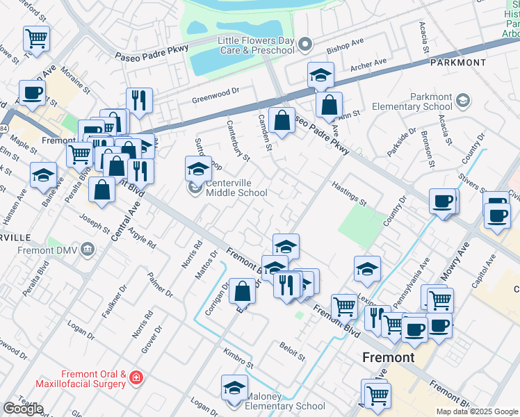 map of restaurants, bars, coffee shops, grocery stores, and more near 3716 Oxford Common in Fremont