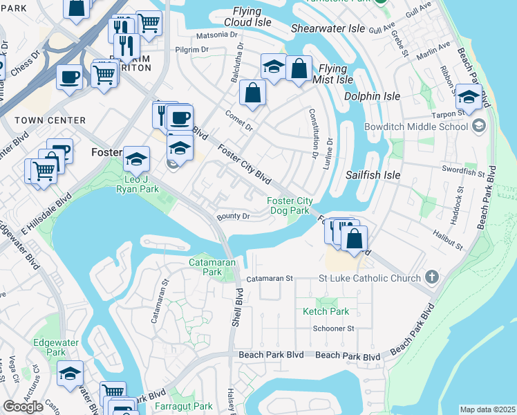 map of restaurants, bars, coffee shops, grocery stores, and more near 708 Bounty Drive in Foster City