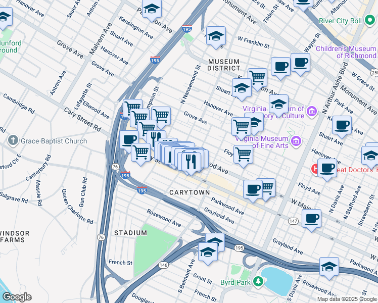 map of restaurants, bars, coffee shops, grocery stores, and more near 3316 Ellwood Avenue in Richmond