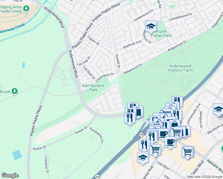 map of restaurants, bars, coffee shops, grocery stores, and more near 34506 Heathrow Terrace in Fremont
