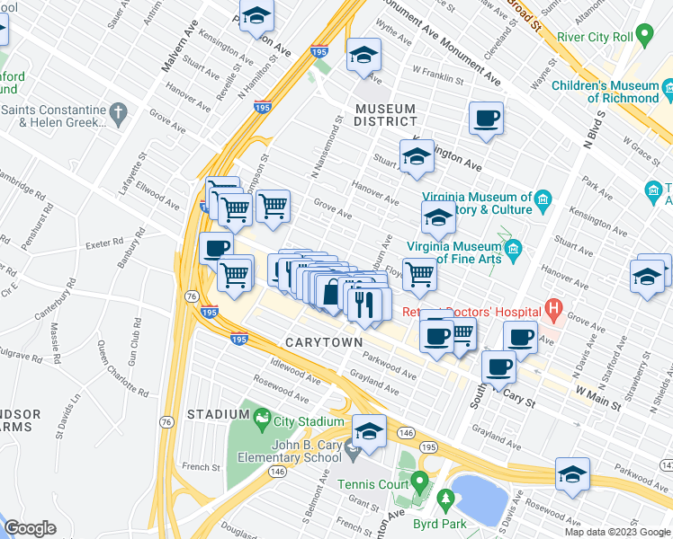 map of restaurants, bars, coffee shops, grocery stores, and more near 8 North Dooley Avenue in Richmond