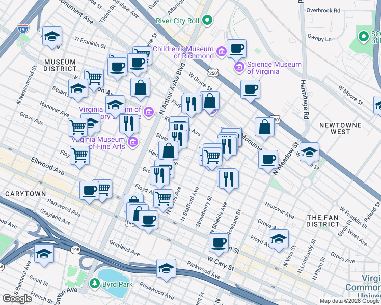 map of restaurants, bars, coffee shops, grocery stores, and more near 2505 Stuart Avenue in Richmond