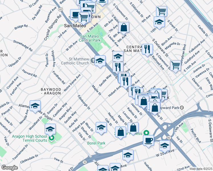 map of restaurants, bars, coffee shops, grocery stores, and more near 105 Avila Road in San Mateo
