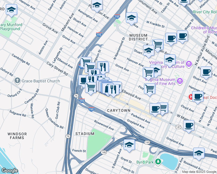 map of restaurants, bars, coffee shops, grocery stores, and more near 3419 Ellwood Avenue in Richmond