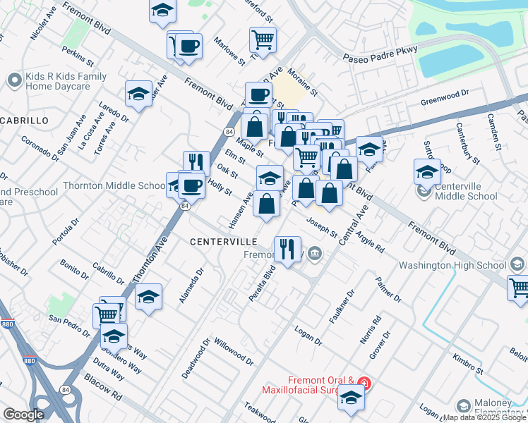 map of restaurants, bars, coffee shops, grocery stores, and more near 4271 Baine Avenue in Fremont