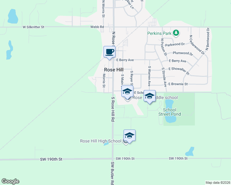 map of restaurants, bars, coffee shops, grocery stores, and more near 443 South Rose Hill Road in Rose Hill