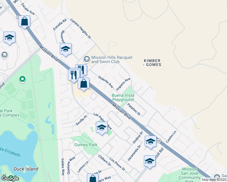 map of restaurants, bars, coffee shops, grocery stores, and more near 40379 Dolerita Avenue in Fremont