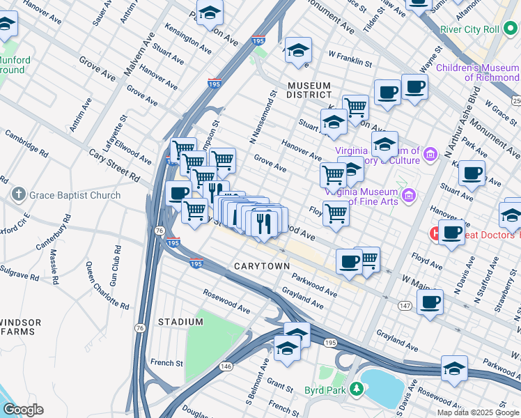 map of restaurants, bars, coffee shops, grocery stores, and more near 3318 Ellwood Avenue in Richmond